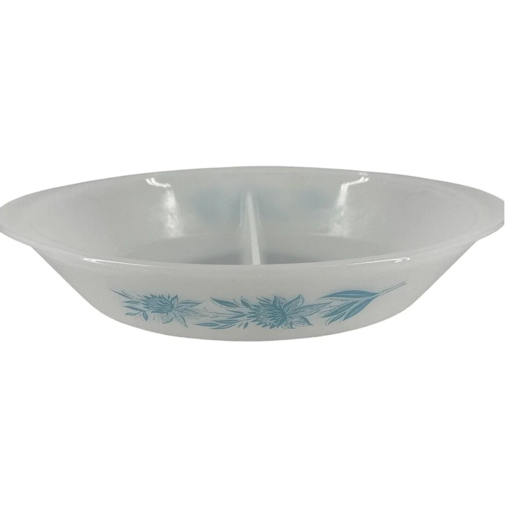 Divided Casserole Dish Glasbake Blue Thistle Flower J-235 1 Qt Quart Vintage